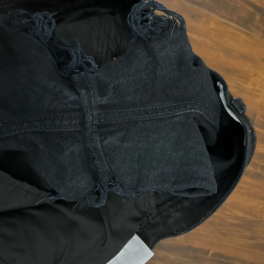 LEVI'S Ribcage Shorts Black Denim High Rise Cut Off Frayed Gothic